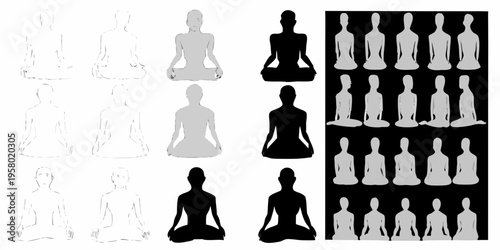 Series of silhouettes depicting a person meditating in lotus position