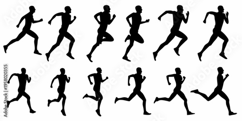 Silhouettes of people running in various dynamic poses against a white background