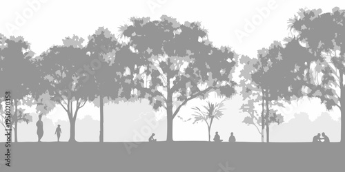 Silhouetted trees and figures create a peaceful park scene
