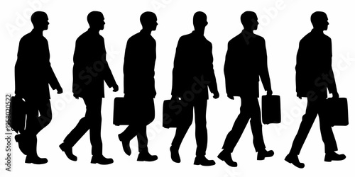 Silhouettes of businessmen walking in a row carrying briefcases
