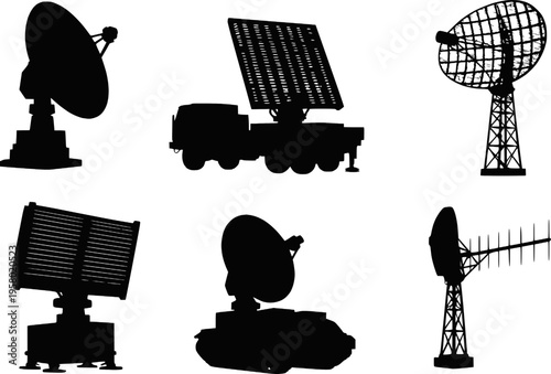 Military radar antenna silhouette set vector illustration