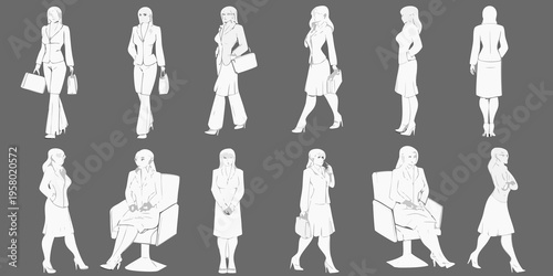 Collection of stylized businesswoman poses in a monochromatic line art style
