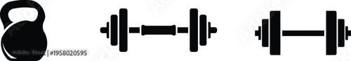 Black silhouette icons of fitness equipment including kettlebell and dumbbells