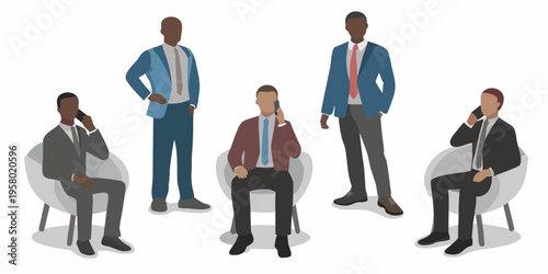 Diverse group of businessmen talking on phones in a modern setting