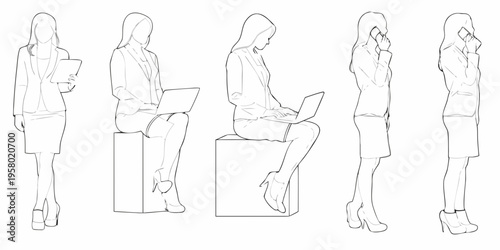 Line art depictions of a woman in various business related poses