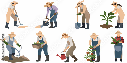 Diverse group of farmers tending to plants and harvesting crops