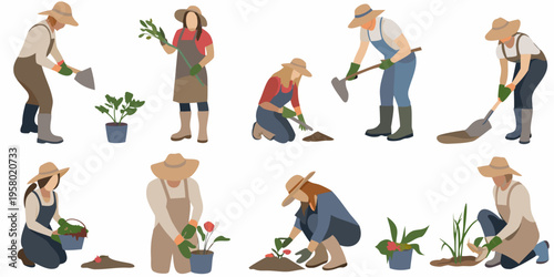 Diverse group of people gardening and tending to plants outdoors