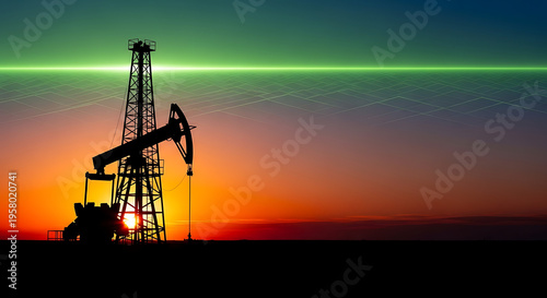 Wallpaper Mural Clean Energy Transition: Oil Industry Silhouette Against Hopeful Sunset Sky with Green Energy Glow, Sustainable Future, Global Energy Shift Torontodigital.ca