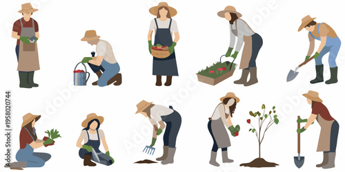 Diverse group of farmers tending to plants and harvesting crops