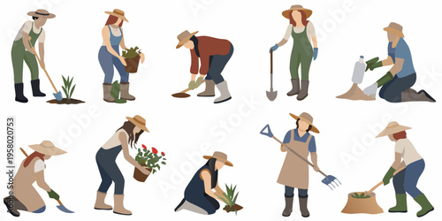 Diverse group of people gardening and tending to plants outdoors