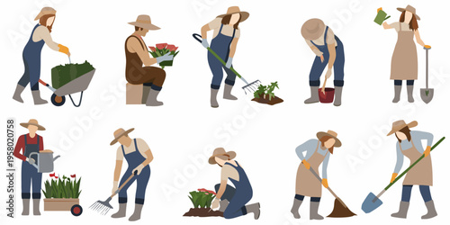 Diverse gardeners tending plants and flowers in a flat vector illustration