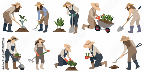 Diverse group of gardeners tending to plants and soil outdoors