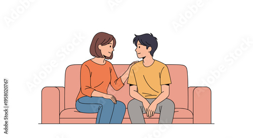 An adult woman sits on a pink sofa, comforting a young man by placing her hand on his shoulder.