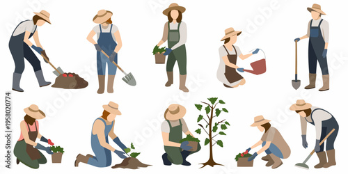 Diverse group of people gardening with various tools and plants