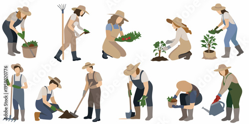 Diverse group of people gardening and tending to plants outdoors