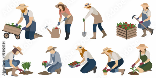 Diverse group of gardeners tending to plants and flowers outdoors