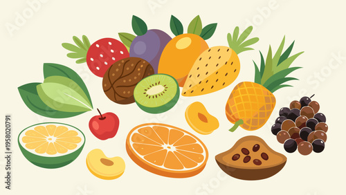 A set of vector illustrations of dried fruits, raisins, apricots, dates, pineapple slices, strawberries, and prunes for the concept of organic and nutritious snacks. Healthy Eating