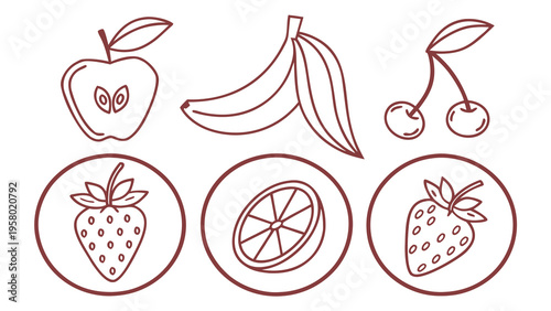A set of vector illustrations of fruits, banana, lemon, strawberry, cherry, and apple for the concept of organic and nutritious earnings. Healthy nutrition