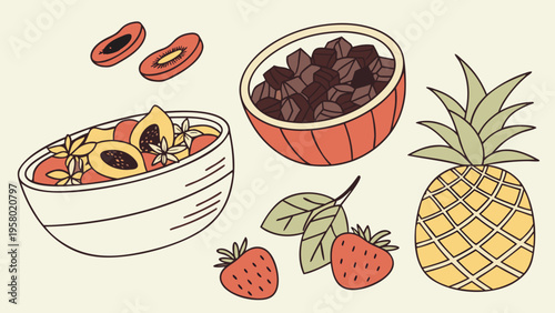 A set of vector illustrations of dried fruits, raisins, apricots, dates, pineapple slices, strawberries, and prunes for the concept of organic and nutritious snacks. Healthy Eating