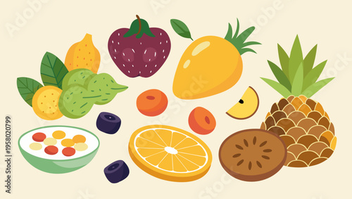 A set of vector illustrations of dried fruits, raisins, apricots, dates, pineapple slices, strawberries, and prunes for the concept of organic and nutritious snacks. Healthy Eating