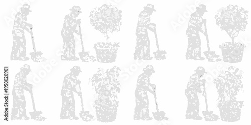Silhouettes of gardeners tending to potted plants in a grid pattern