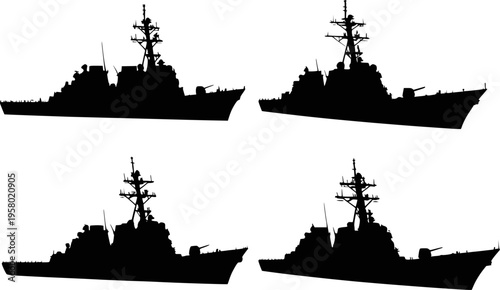 Military destroyer warship silhouette set vector illustration