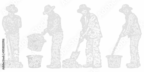 Four figures resembling workers with buckets and tools illustrated in gray