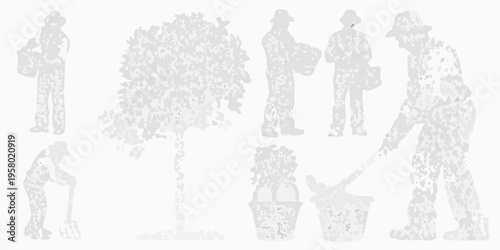 Silhouetted figures of gardeners tending to plants and trees
