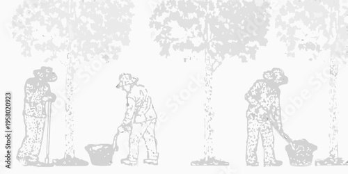 Workers tending to trees in a grayscale illustrative landscape