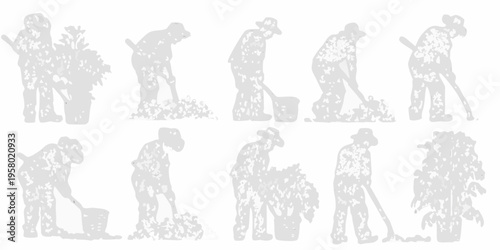 Silhouettes of agricultural workers tending to crops in a field