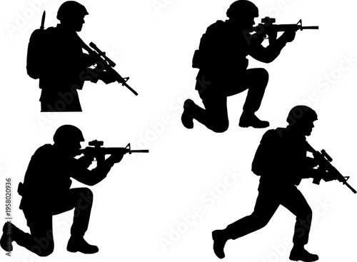 Military soldier combat pose silhouette set vector illustration