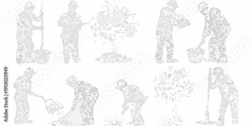 Silhouettes of workers with tools against a white background