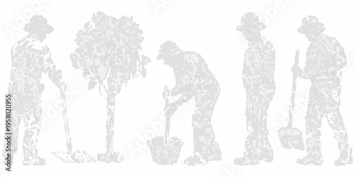 Silhouetted figures of gardeners working around a central tree illustration