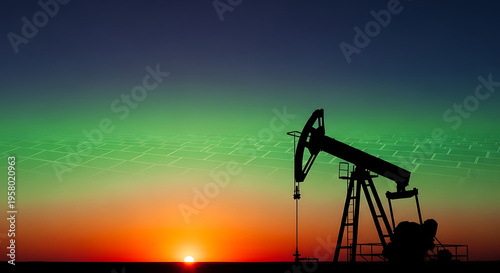 Wallpaper Mural Clean Energy Transition: Oil Industry Silhouette Against Hopeful Sunset Sky with Green Energy Glow, Sustainable Future, Global Energy Shift Torontodigital.ca