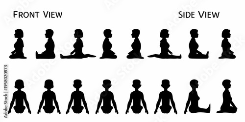 Silhouette illustrations depicting a person in various yoga poses