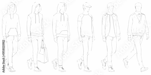 Fashion sketches of six individuals in casual hooded and outerwear styles