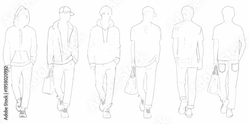 Line art illustration featuring six men in various casual outfits