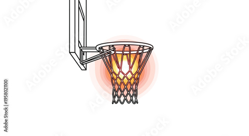 A minimalist line art basketball hoop and net glow with a warm orange-red light against a plain white background.