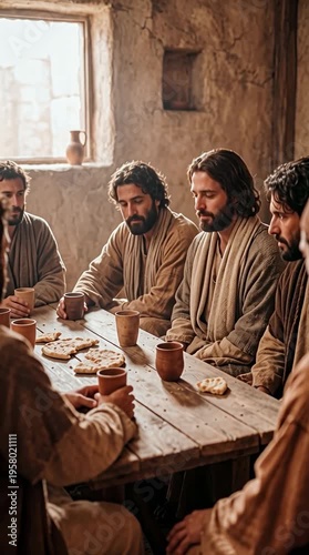 Disciples sitting thoughtfully inside modest stone house vertical video