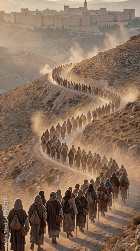 Crowds of ancient pilgrims traveling up mountain road vertical video