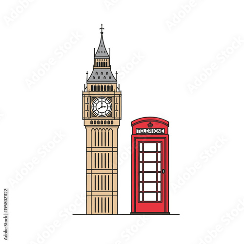Iconic London Big Ben Clock Tower and Red Telephone Booth Illustration.