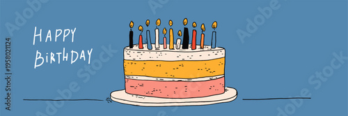 Birthday cake with ten candles and happy birthday text. Illustrated birthday cake with ten lit candles and Happy Birthday message on blue background