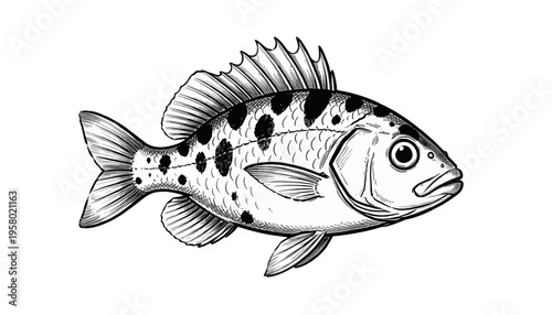 Black and White Vector Illustration of a Fish with Spots, Detailed Sea Creature Design for Nature and Marine Life Projects