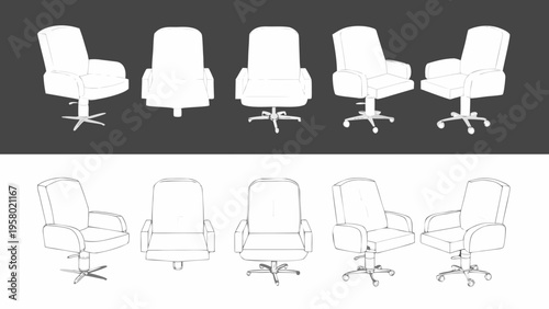 Line drawing of five office chairs in two different perspectives