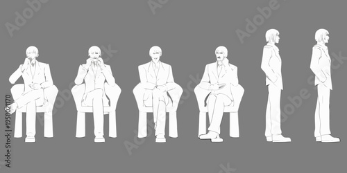 Line art illustration of people in suits seated and standing