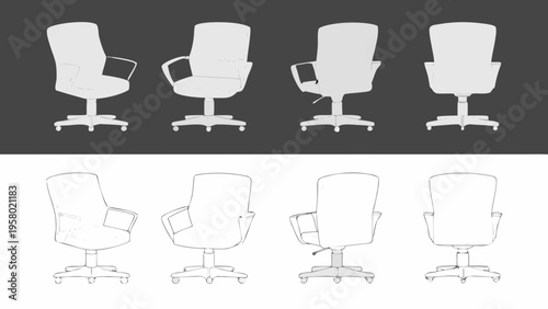 Four office chair designs presented in blueprint style line drawings