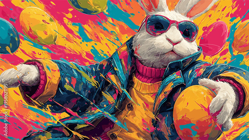 Cool Easter bunny wearing sunglasses holding decorated egg. Easter poster. Anthropomorphic bunny wearing colorful jacket, surrounded by paint splatters and festive eggs