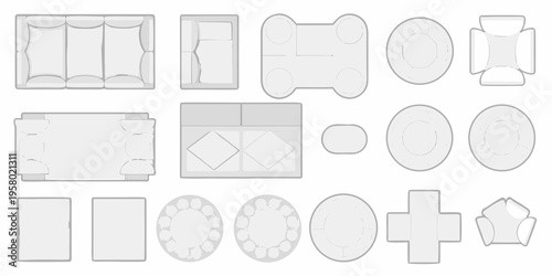 Overhead view of various furniture layouts and shapes in gray tones