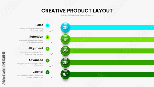Digital Profile Five Step Infographic Slideshow Layout. Marketing Innovation 5 Option Chart Slide Design. Corporate Showcase Presentation Template Vector Illustration.