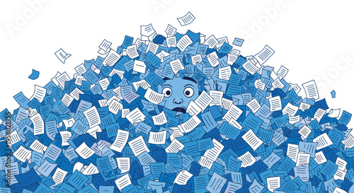 A cartoon man's head emerges from a large, chaotic pile of blue and white papers on a white background.